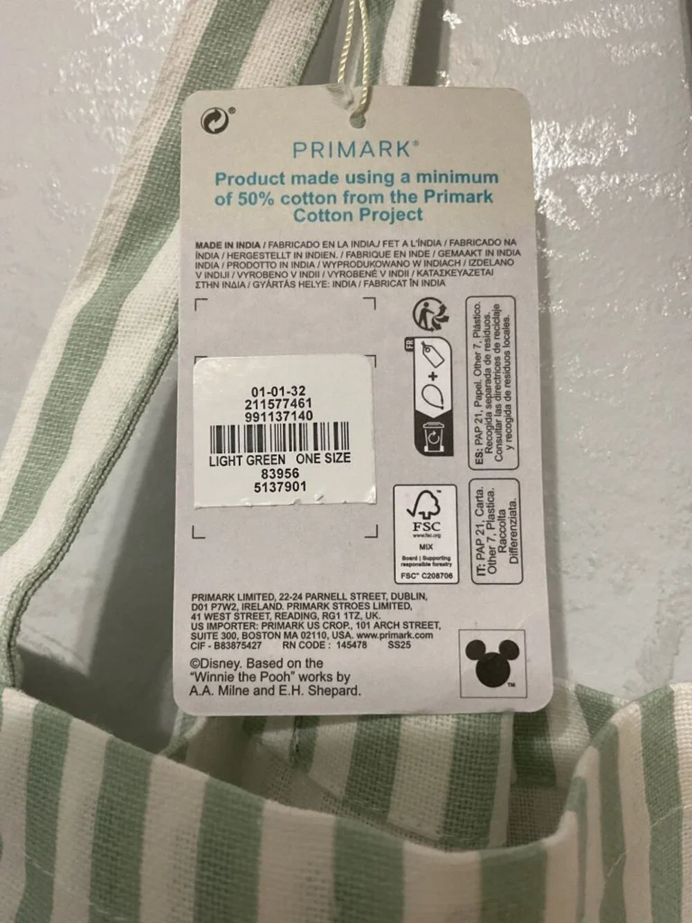 Disney x Primark Winnie the Pooh Sage Green and White Striped Cotton Canvas Tote
